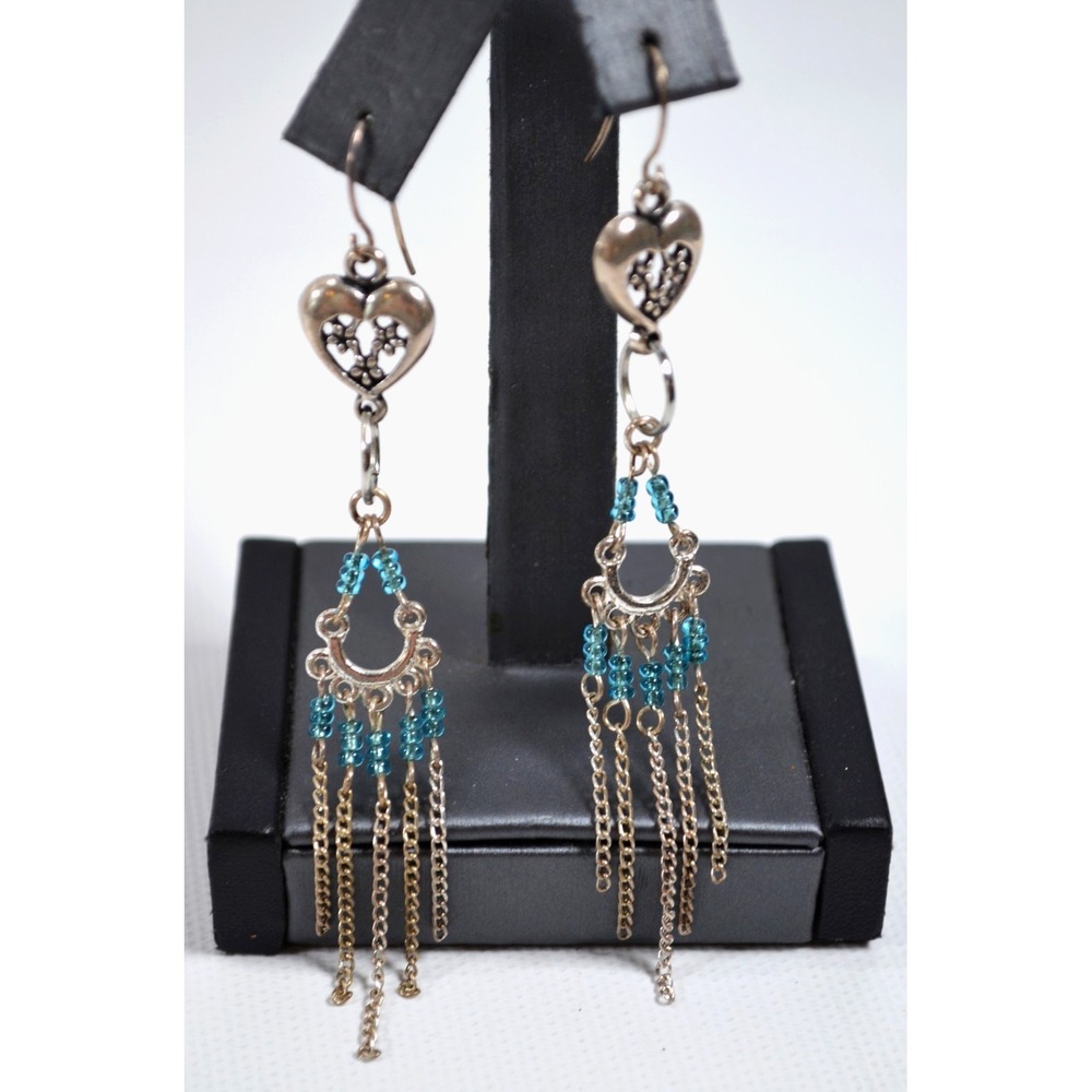 Silver Tone Chandelier‎ Pierced Earrings Turquoise Color Glass Beads 3.5"